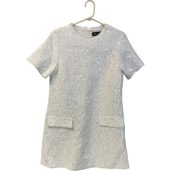 Zara Women Mini Sequin Dress XS White Fringed Short Sleeve 8714/933 NWT - Picture 2 of 12